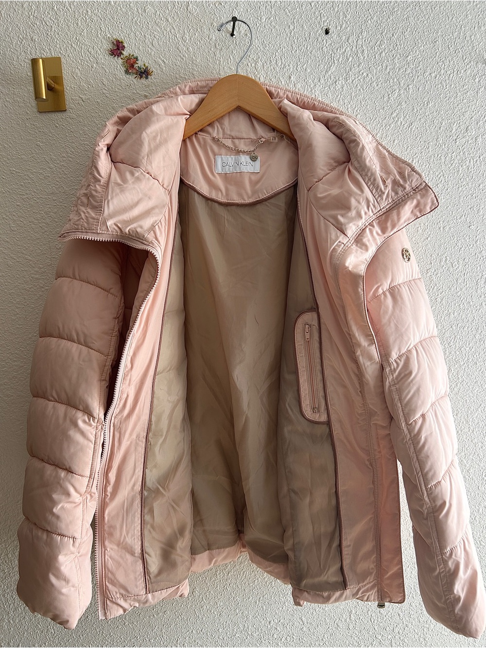Calvin Klein Pale Pink Quilted Puffer Jacket with Hood